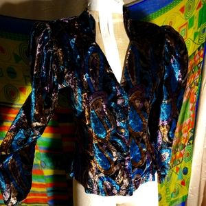 Vintage Velvet Jewel Tone Black Bronze Sapphire Amethyst Paisley Fitted Blazer